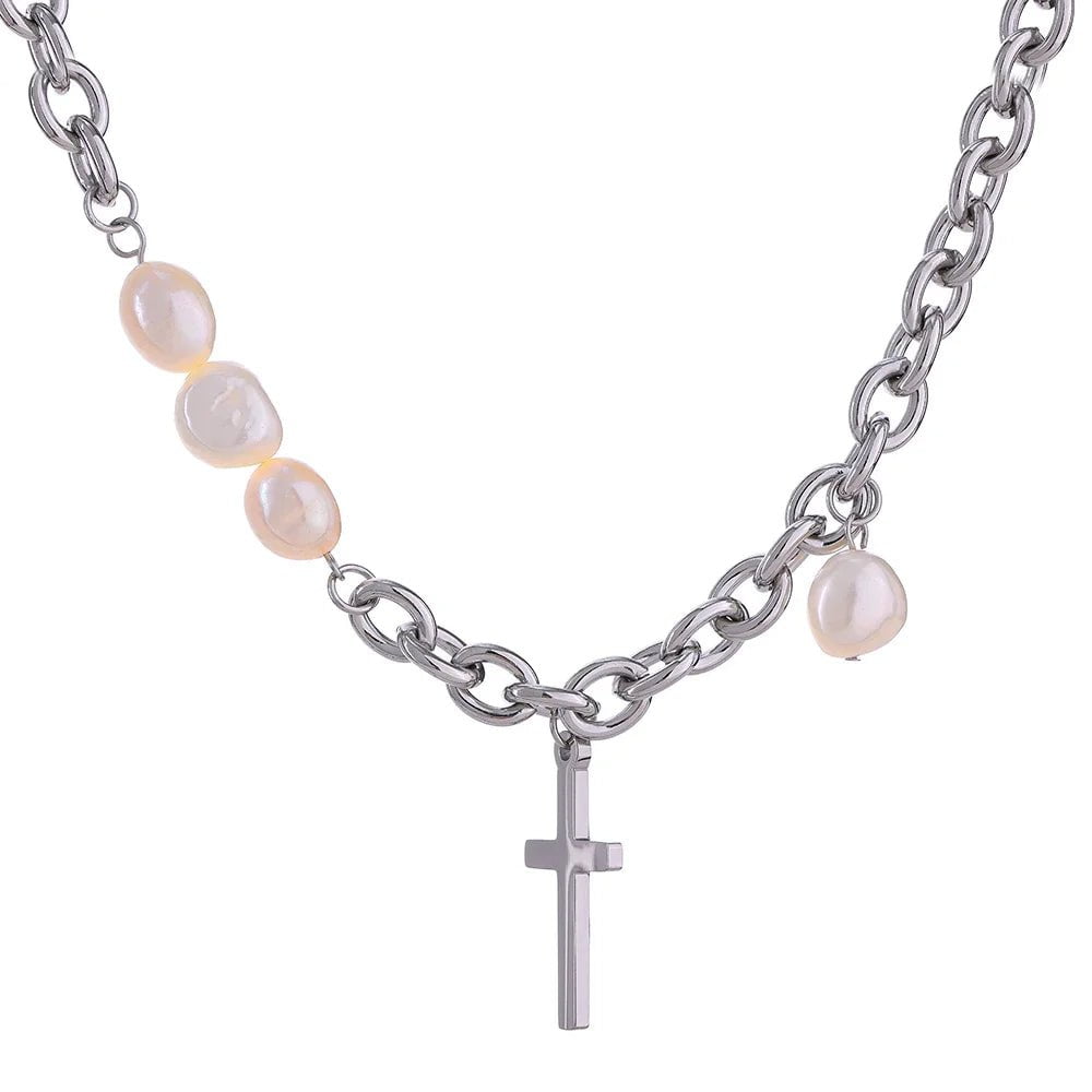 Wee Luxury YH1328A Steel Trendy Cross Pendant Necklace Luxury Natural Pearl Metal Collar Necklace