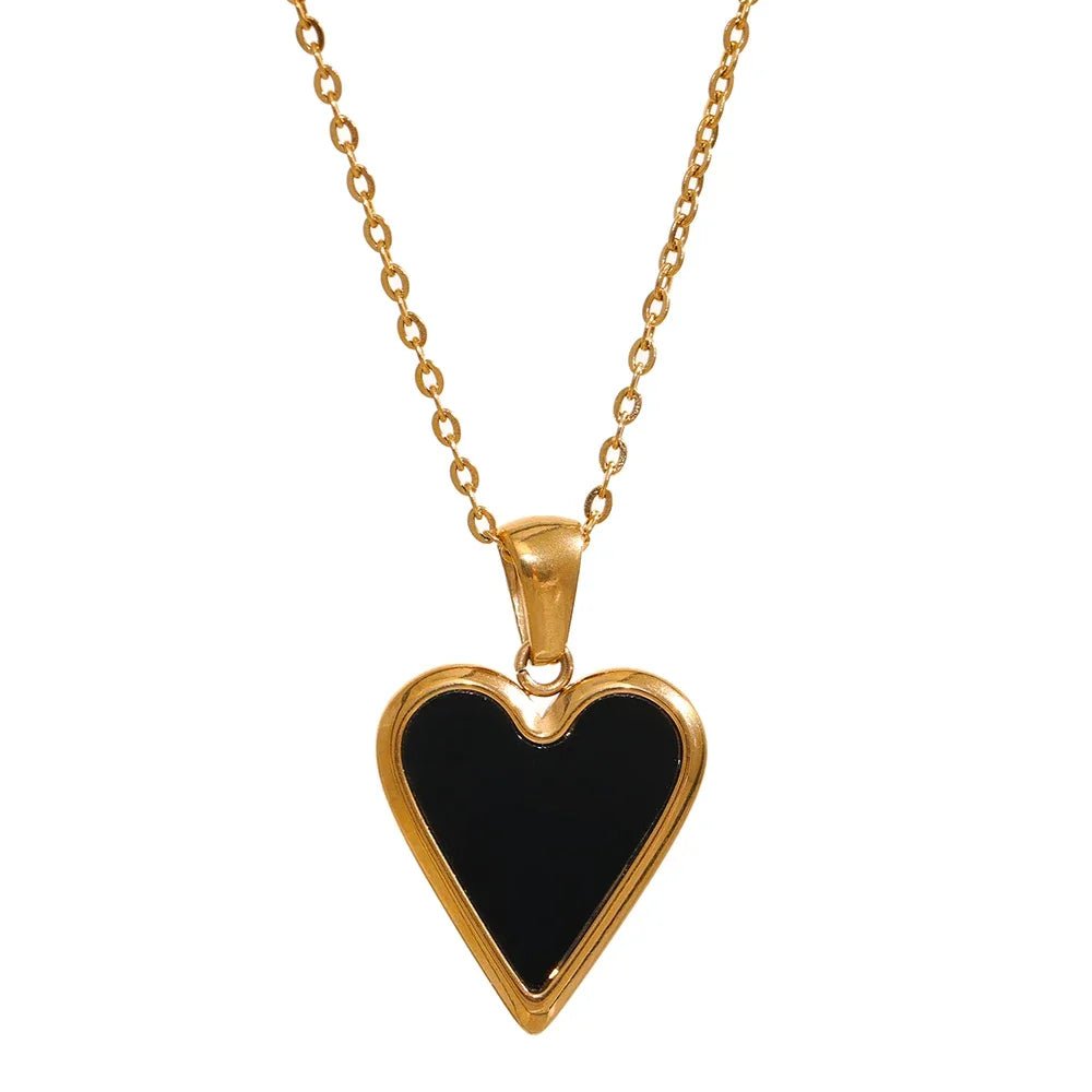 Wee Luxury YH1807A Black Acrylic Natural Shell Heart Pendant Necklace Stainless Steel Jewelry