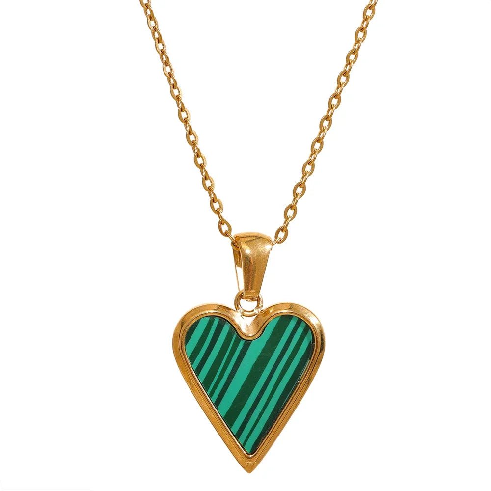 Wee Luxury YH1807A Green Acrylic Natural Shell Heart Pendant Necklace Stainless Steel Jewelry