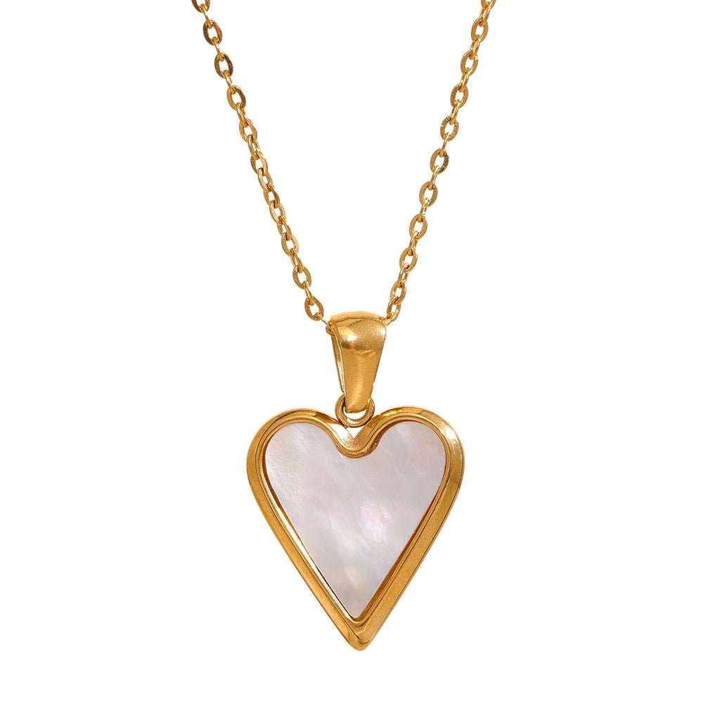 Wee Luxury YH1807A White Acrylic Natural Shell Heart Pendant Necklace Stainless Steel Jewelry