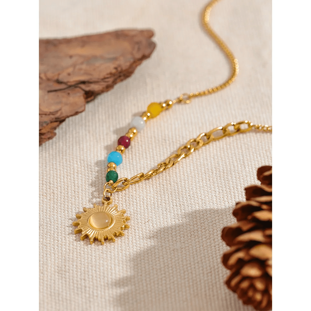 Wee Luxury YH1887A Natural Stone Beads Stainless Steel Sun Pendant France Necklace for Women