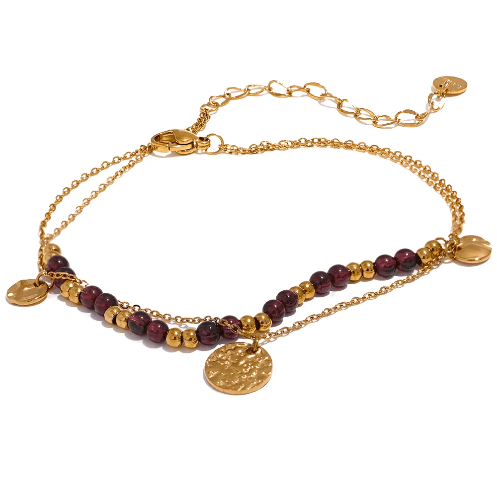 Wee Luxury YH2169A Gold Layered Chic Stylish Natural Garnet Stone Chain Bracelet Women