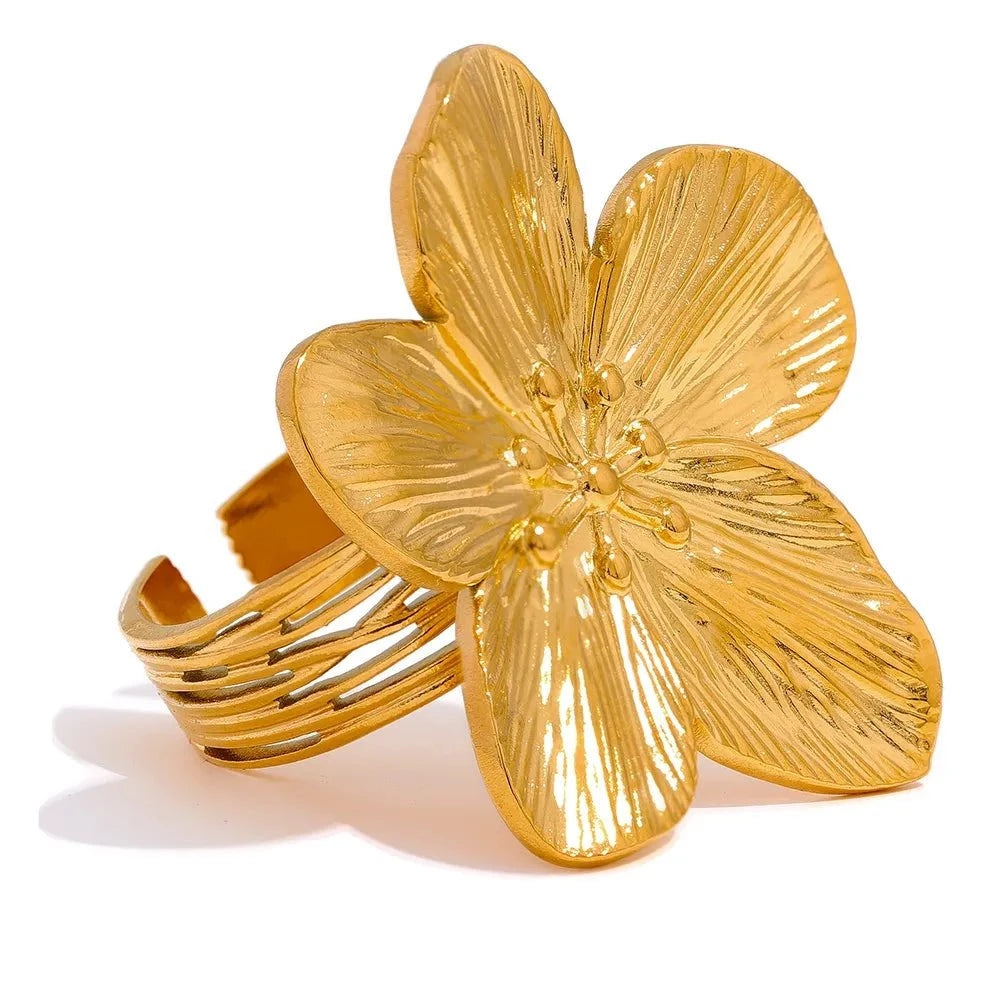 Wee Luxury YH2216A - Gold Color / 7 Trendy Fashion Stainless Steel Flower Ring Big Open Jewelry