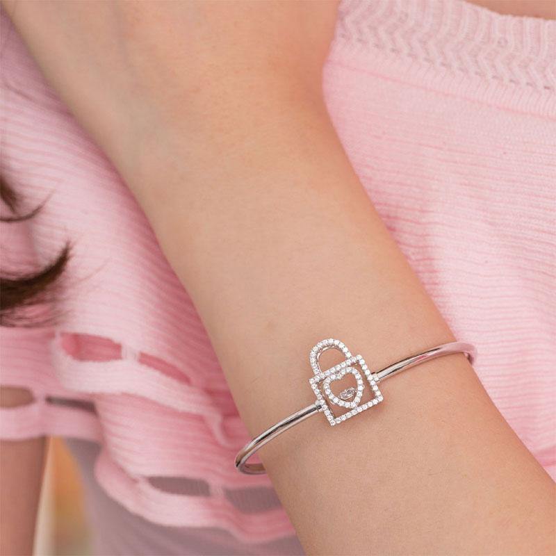 My Jewels Silver Bracelets 6.5" (16.5 cm) Heart Lock Dancing Stone Bangle Bracelet