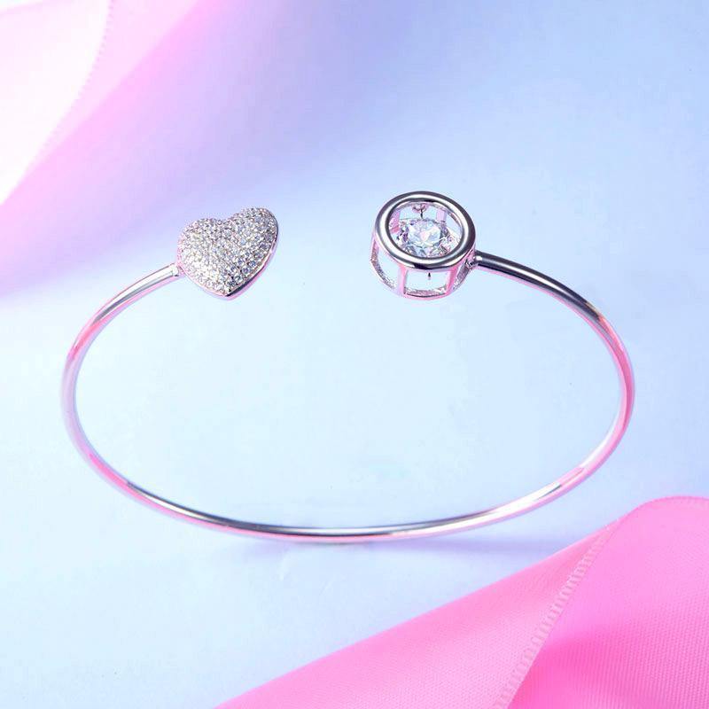 My Jewels Silver Bracelets Clear White Sterling Silver Dancing Stone Heart Bangle