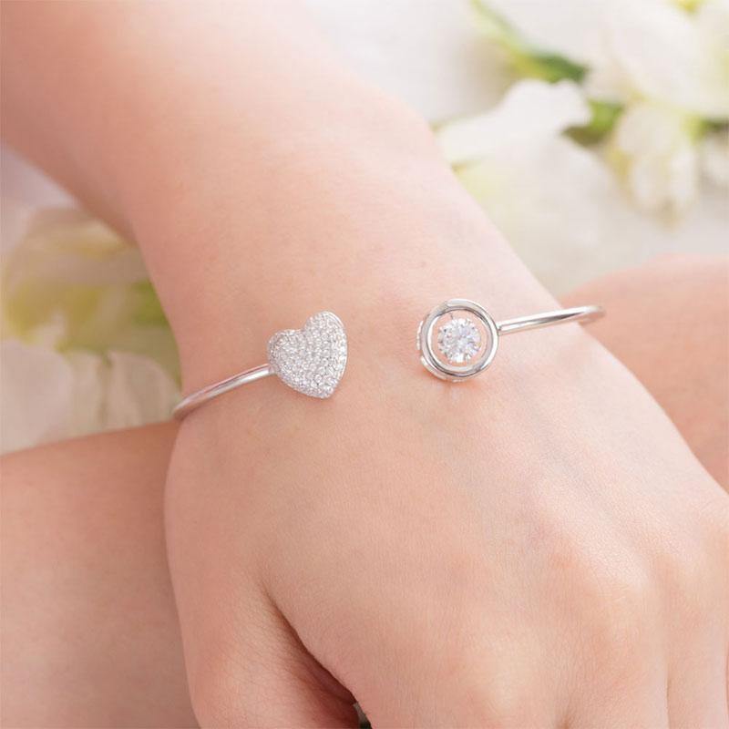 My Jewels Silver Bracelets Clear White Sterling Silver Dancing Stone Heart Bangle