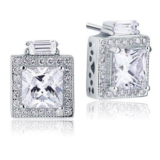 My Jewels Silver Earrings 1.2 cm X 1 cm Princess Cut White Diamond Stud Earrings