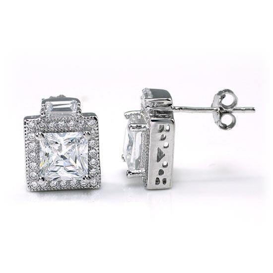 My Jewels Silver Earrings 1.2 cm X 1 cm Princess Cut White Diamond Stud Earrings