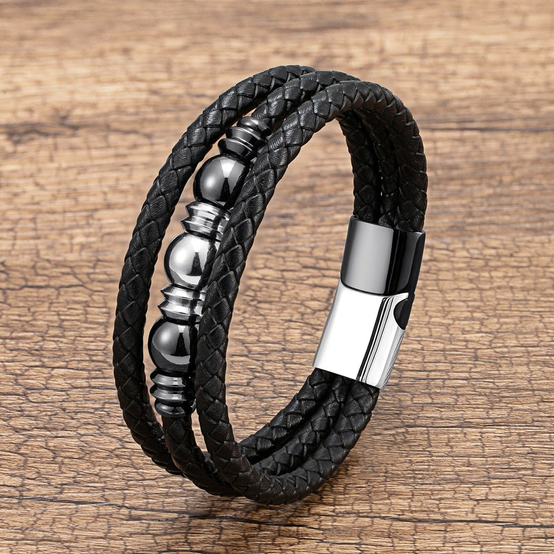 Multilayer Mens Black Rope Leather Bracelets Black-White Metal