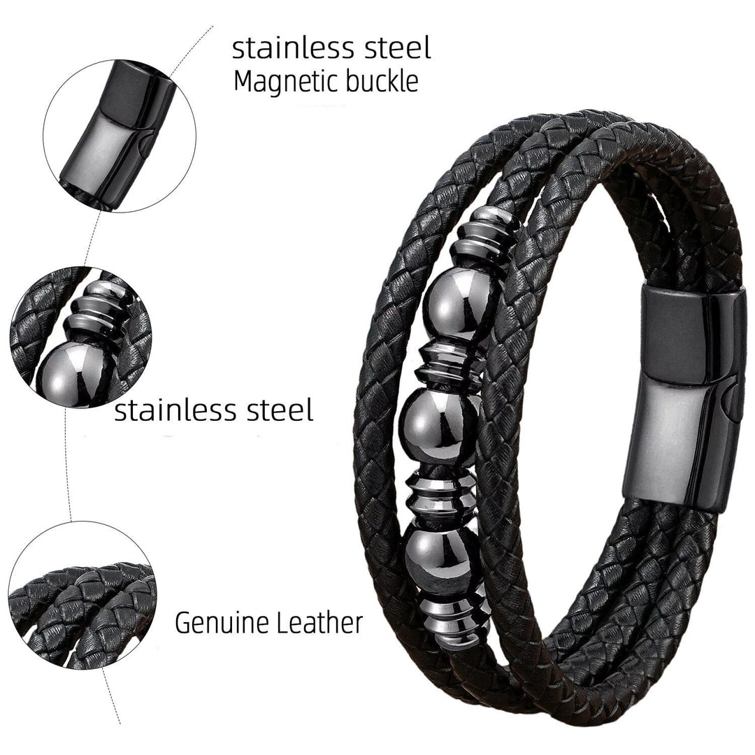 Multilayer Mens Black Rope Leather Bracelets
