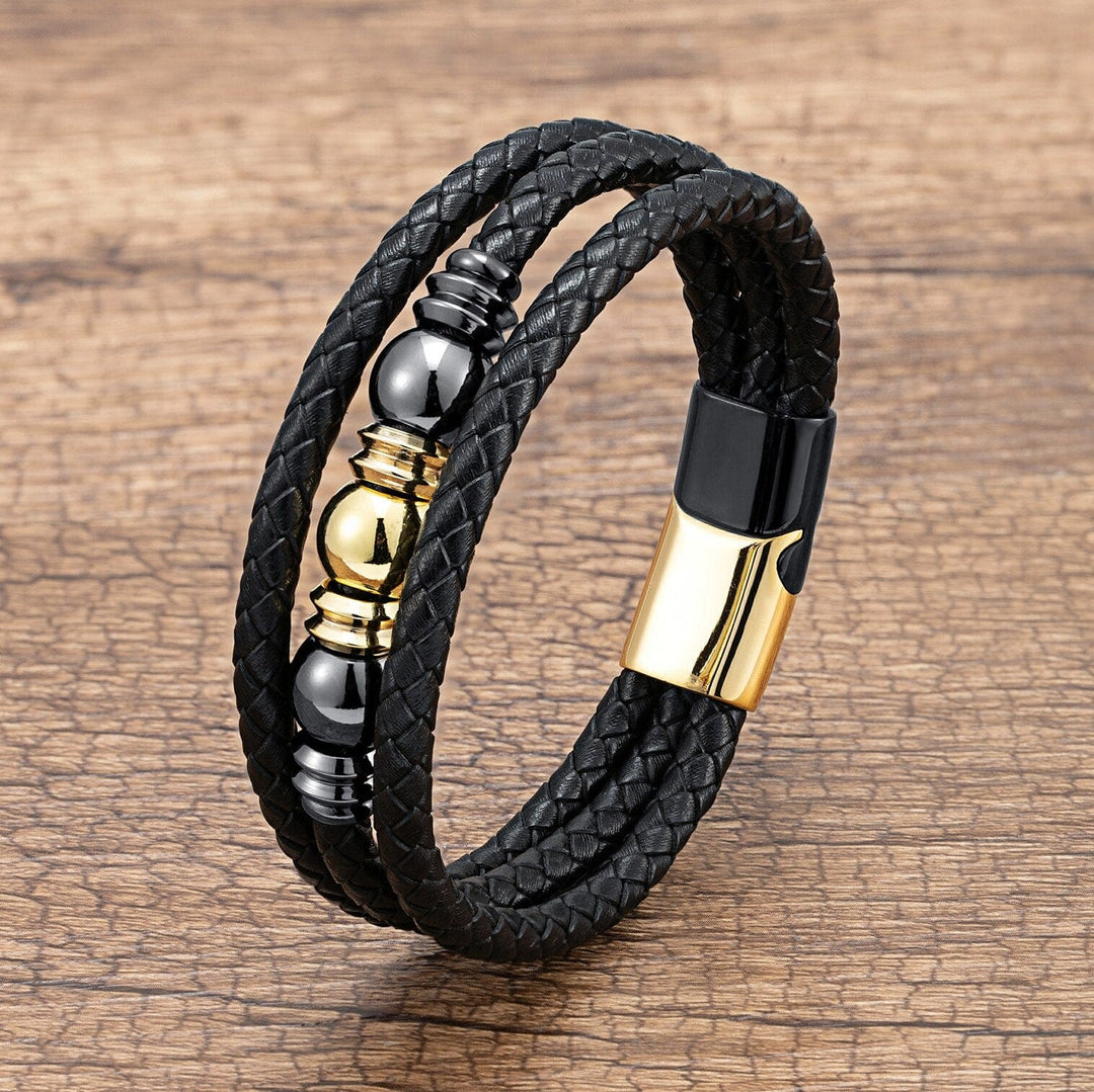 Multilayer Mens Black Rope Leather Bracelets Gold-Black Metal