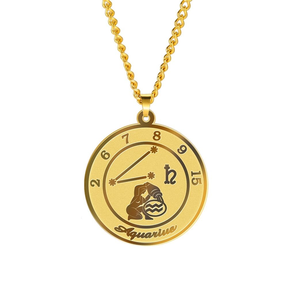 Zodiac Womens Mens Stainless Steel Necklace Aquarius Gold Color 60 cm 29.8*32.8mm