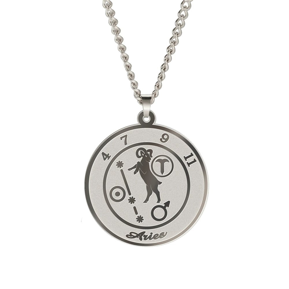 Zodiac Womens Mens Stainless Steel Necklace Aries Steel Color 60 cm 29.8*32.8mm