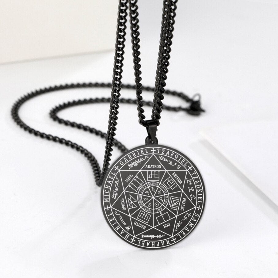 Solomon Seven Archangel Mens Pendant Necklace Black 60cm
