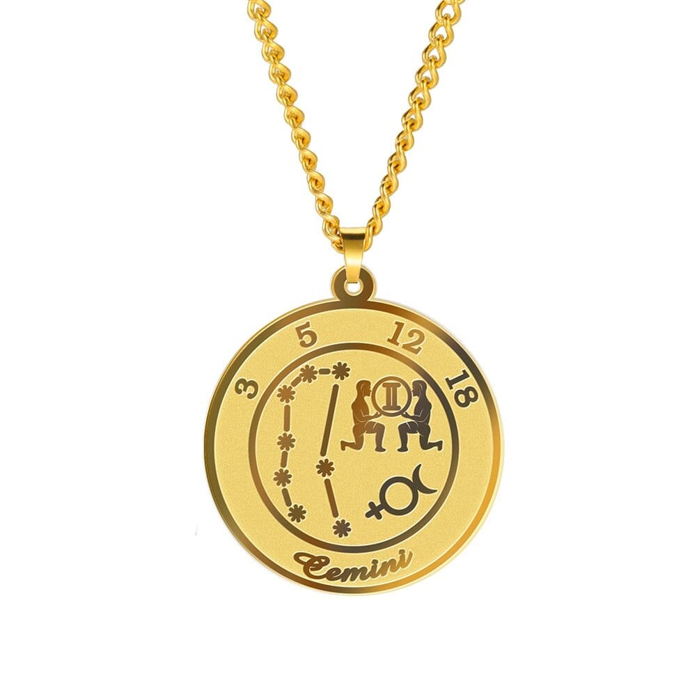 Zodiac Womens Mens Stainless Steel Necklace Gemini Gold Color 60 cm 29.8*32.8mm