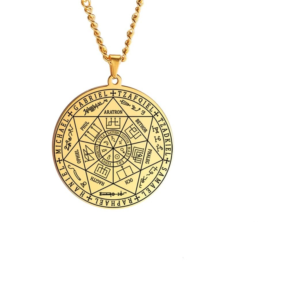 Solomon Seven Archangel Mens Pendant Necklace Gold 60cm
