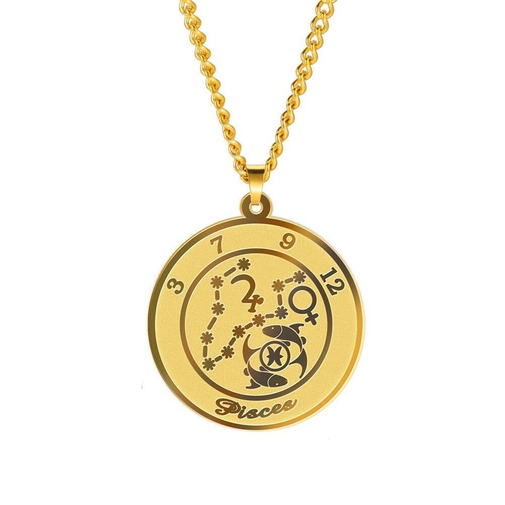 Zodiac Womens Mens Stainless Steel Necklace Pisces Gold Color 60 cm 29.8*32.8mm