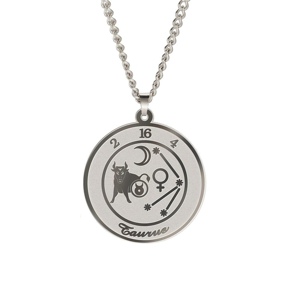 Zodiac Womens Mens Stainless Steel Necklace Taurus Steel Color 60 cm 29.8*32.8mm