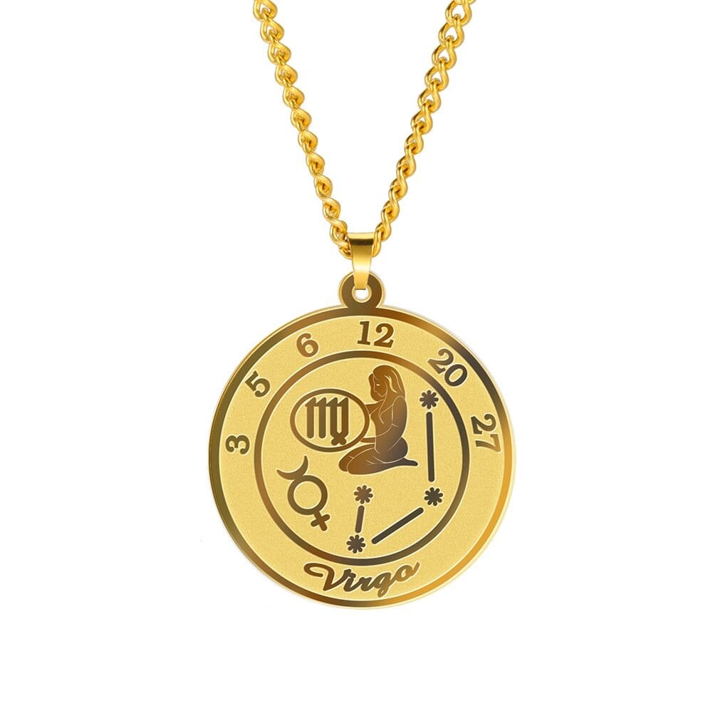 Zodiac Womens Mens Stainless Steel Necklace Virgo Gold Color 60 cm 29.8*32.8mm