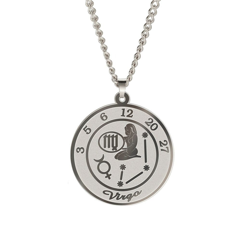 Zodiac Womens Mens Stainless Steel Necklace Virgo Steel Color 60 cm 29.8*32.8mm