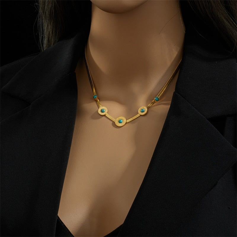 Green Stone Clavicle Chain Link Necklace