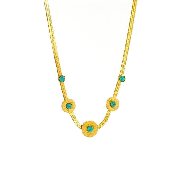 Green Stone Clavicle Chain Link Necklace Gold Color